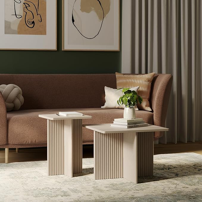 Square Fluted Nesting Coffee Table 2pc Set White Ebern Designs